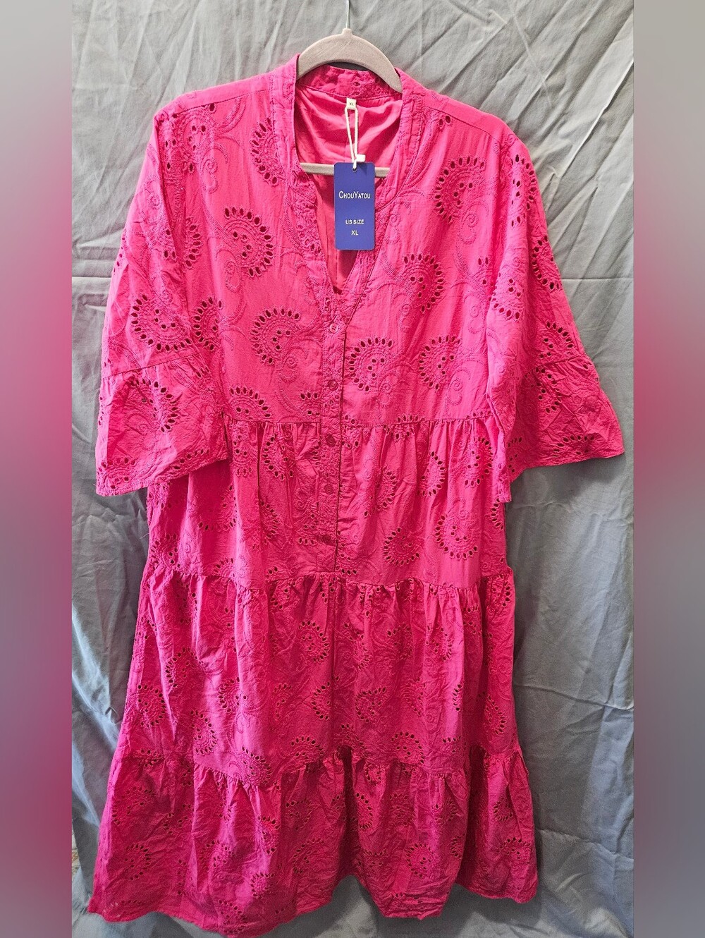 ChouYatou Fuchsia Eyelet Tiered Midi Dress